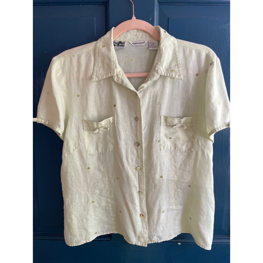Vintage Irish Linen Shirt Button Down Embroidered Pale Green Bow Detail Mediume